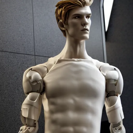 Image similar to a realistic detailed photo of a guy who is an attractive humanoid who is half robot and half humanoid, who is a male android, soccer player martin ødegaard, shiny skin, posing like a statue, blank stare, in a living room, on display, showing off his muscles