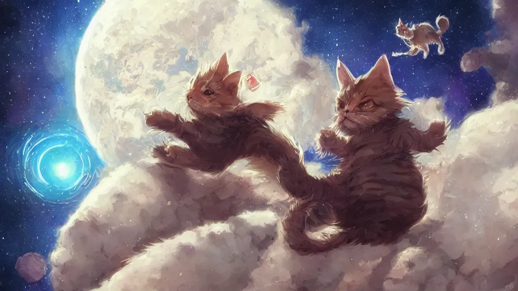 Image similar to cartoonish kitten wearing a wizard cat and a fake beard floating in space, bright stars, anime, a fantasy digital painting by Greg Rutkowski and James Gurney, trending on Artstation, highly detailed