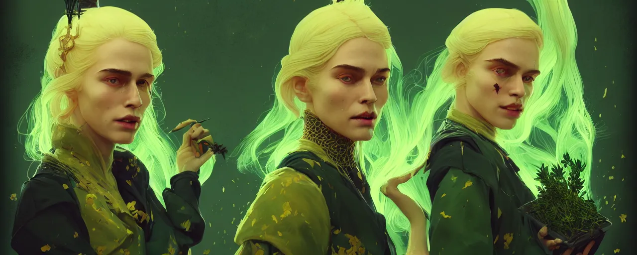 Image similar to duotone golden green noir illustration 3 / 4 portrait of keira metz with herbs sorceress from witcher 3 platin blonde hair folk in rustical clothes. by sachin teng and sergey kolesov and ruan jia and heng z. graffiti art, scifi, fantasy, hyper detailed. octane render. concept art. trending on artstation