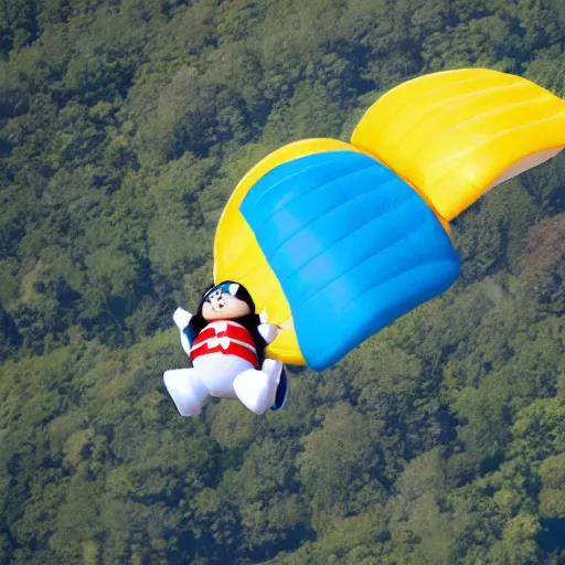 Prompt: photo of super fat doraemon skydiving while waving at the camera