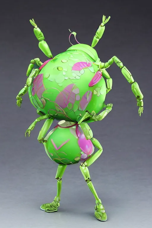 Image similar to a fat bubbly super detailed anime figurine with fluo color detail, and muted arm colors, that looks like a insect, decorated by plastic synthetic ionized metal flower sculptures