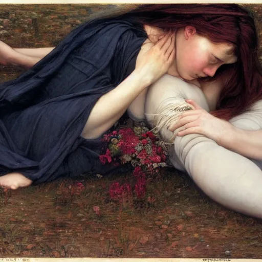 Prompt: wind kissed pictures, ashes, lament, spiritual cramp, romeo's distress, catastrophe ballet, photorealism, hyper - realism, by waterhouse,