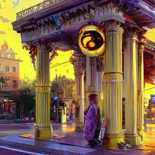 Prompt: painting of syd mead artlilery scifi organic shaped gas station with ornate metal work lands on a sidewalk, floral ornaments, greek architecture, volumetric lights, purple sun, andreas achenbach