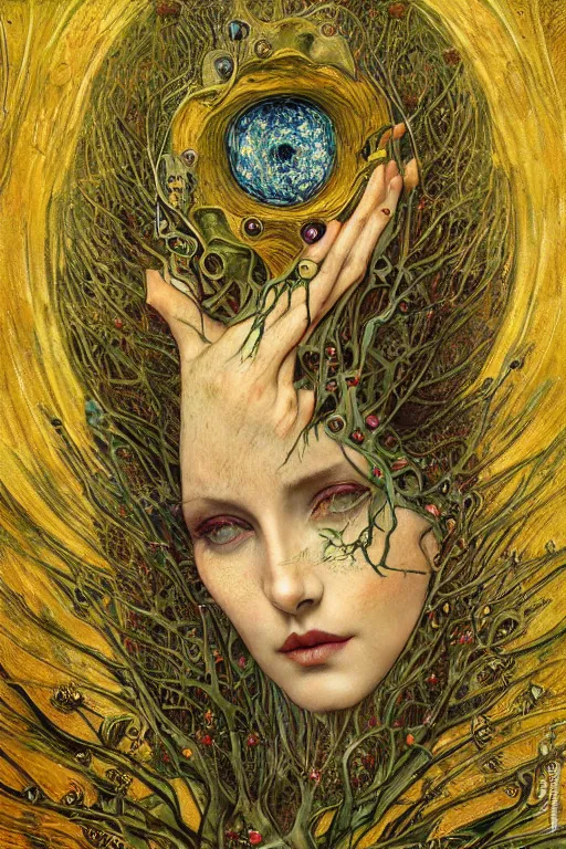 Prompt: The Heart of Thorns by Karol Bak, Jean Deville, Gustav Klimt, and Vincent Van Gogh, otherworldly, fractal structures, arcane, prophecy, ornate gilded medieval icon, third eye, spirals