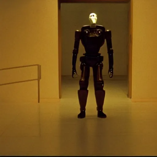 Image similar to movie scene of a man with a robot head, movie still, acting, cinematic composition, cinematic lighting, Movie by David Lynch and Andrzej Żuławski