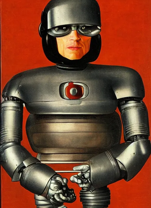 Image similar to a portrait of Robocop by Jan van Eyck