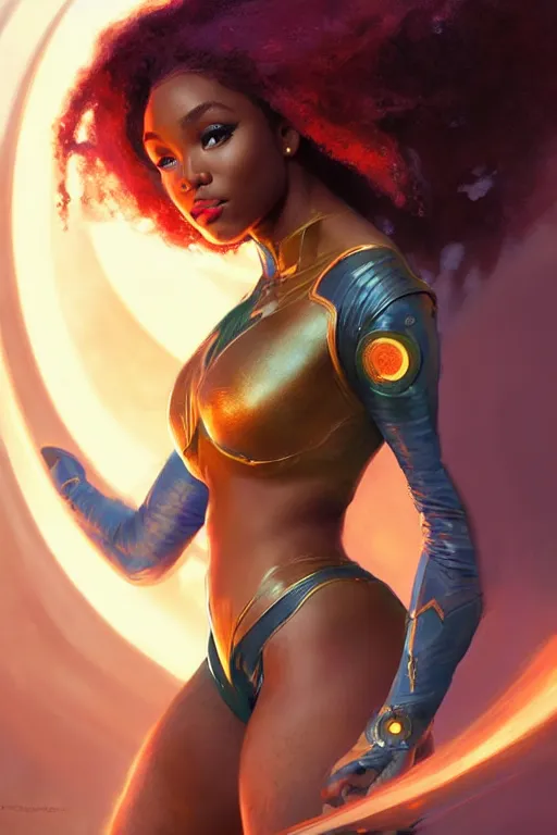 Image similar to normani as starfire profile picture by Greg Rutkowski, dynamic pose, matte painting, intricate, fantasy concept art, elegant, by Stanley Artgerm Lau, WLOP, golden ratio, thomas kindkade, alphonse mucha, loish, norman Rockwell,