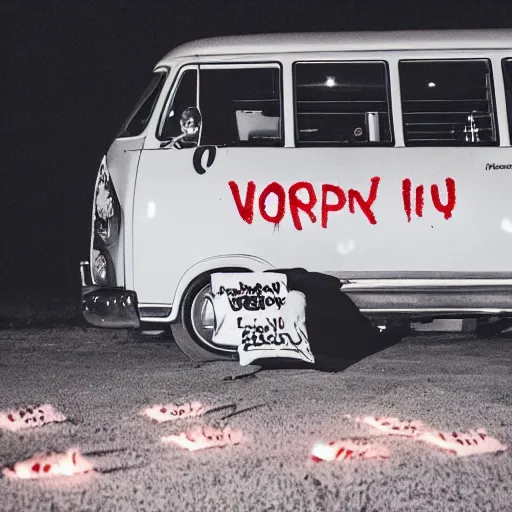 Prompt: photograph of creepy van at night with free candy written on it