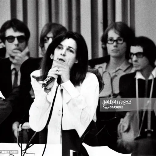 Image similar to French pop star Daphne LaCroix argues in favor of worker\'s rights with German New-Trad Intellectuals in Berlin, March, 1978, watermark free