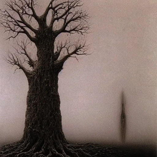 Prompt: tree of life, scary atmosphere, nightmare atmosphere, nightmare like dream by zdzisław beksinski