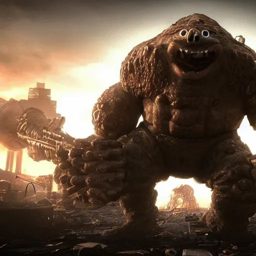 Image similar to evil large spongebob monster in gears of war, splash art, movie still, detailed face, photorealistic facial features, cinematic lighting, dramatic, octane render, long lens, shallow depth of field, bokeh, anamorphic lens flare, 8 k, hyper detailed, 3 5 mm film grain