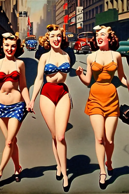 Image similar to 1940s group of pinup bikini girls walking down the street in 1940s Manhattan, oil painting, by Gil Elvgren