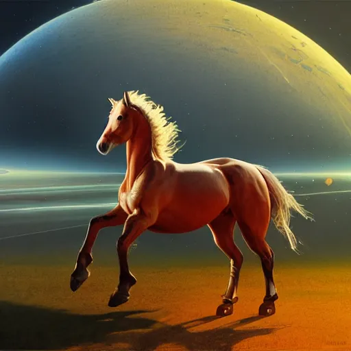 Image similar to the horse is a sphere, in a space vacuum, hyperrealism, no blur, 4 k resolution, ultra detailed, style of ron cobb, adolf hiremy - hirschl, syd mead, ismail inceoglu, rene margitte