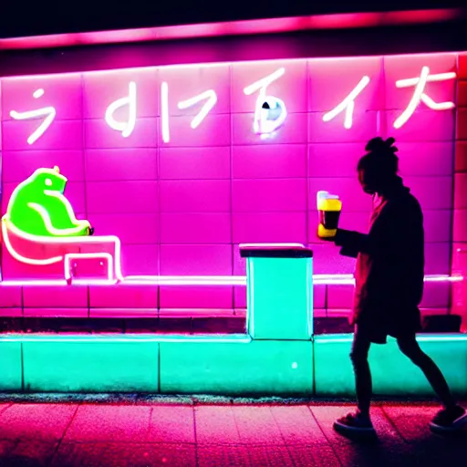 Image similar to capybara drinking bubble tea in cyberpunk, neon, pink and cyan seoul, detailed, street photography