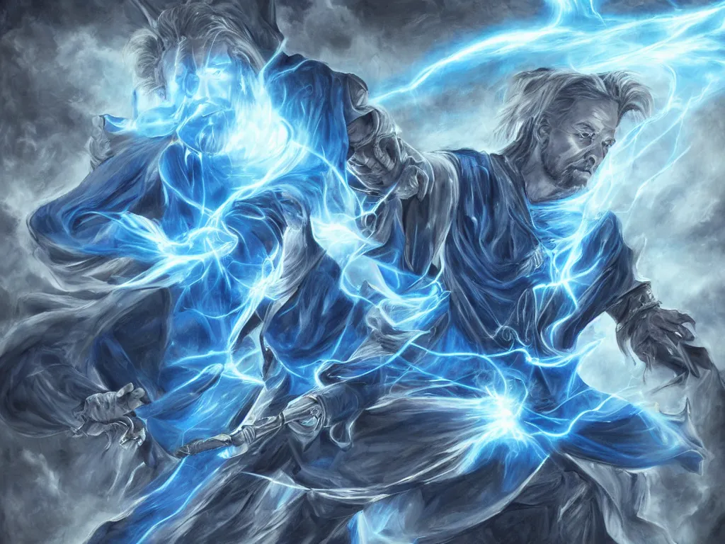 Prompt: Fantasy art of a wizard casting a blue spell that makes their opponent's spells vanish into aether. Award winning, high detail, original artwork, dramatic lighting
