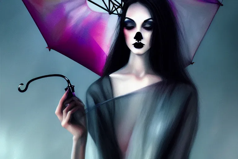 Image similar to surreal Portrait of beautiful goth woman with transparent umbrella in dmt chromatic surreal enviroment, elegant, highly detailed, smooth, photoreal, sharp focus, illustration, beautiful, geometric, dmt trending on artstation, cinematic, artwork by WLOP