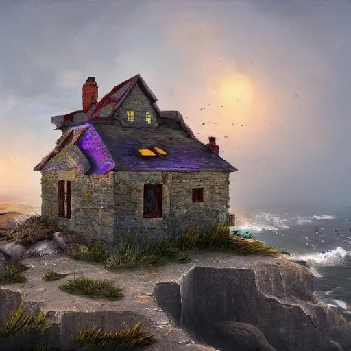 Prompt: aesthetic iridescent crumbling cottage on a cliff by the sea, oil on canvas, artstation, soft render