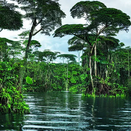 Image similar to magical trees and the amazon river in the amazon rainforest by anderson debernardi and pablo amaringo