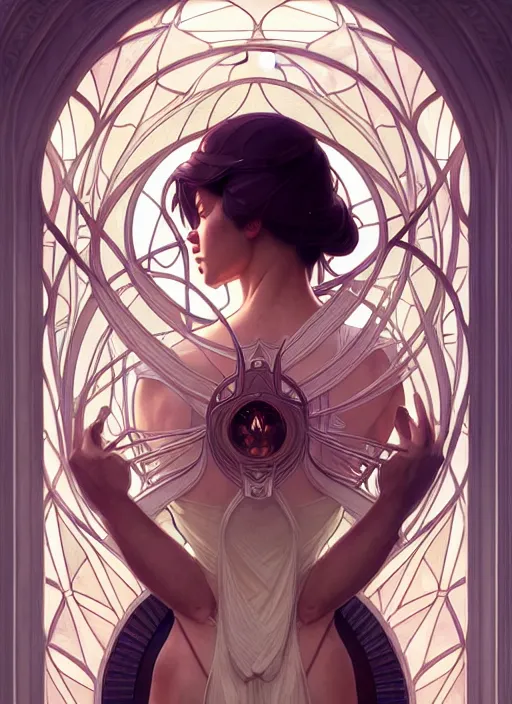 Image similar to symmetry seamless, fantasy, window intricate, elegant, highly detailed, digital painting, artstation, concept art, smooth, sharp focus, illustration, art by artgerm and greg rutkowski and alphonse mucha