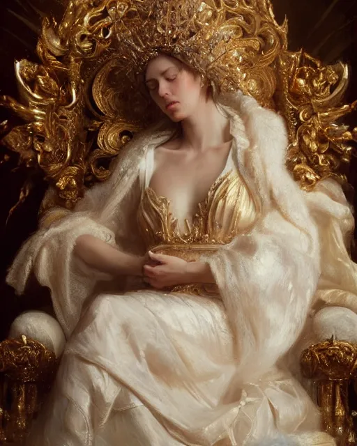 Prompt: 4k cinematic full view ethereal elysian female wearing intricate religious gilded Madonna crown ivory rococo dress sitting on a throne by Ruan Jia by Greg Rutkowski, detailed and realistic, poetic and symbolic, Artstation