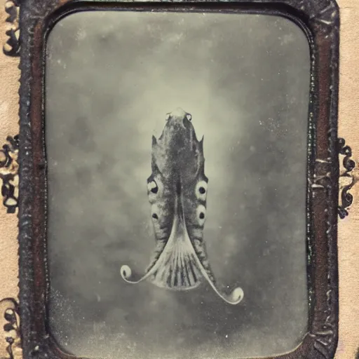 Prompt: tintype photo, bottom of the ocean, squid, whale