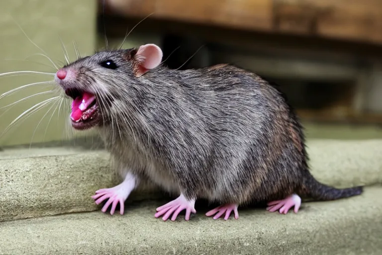 Prompt: photo, smiling! furry antropomorphic rat! eats thick internet cable! highly detailed, intricate details