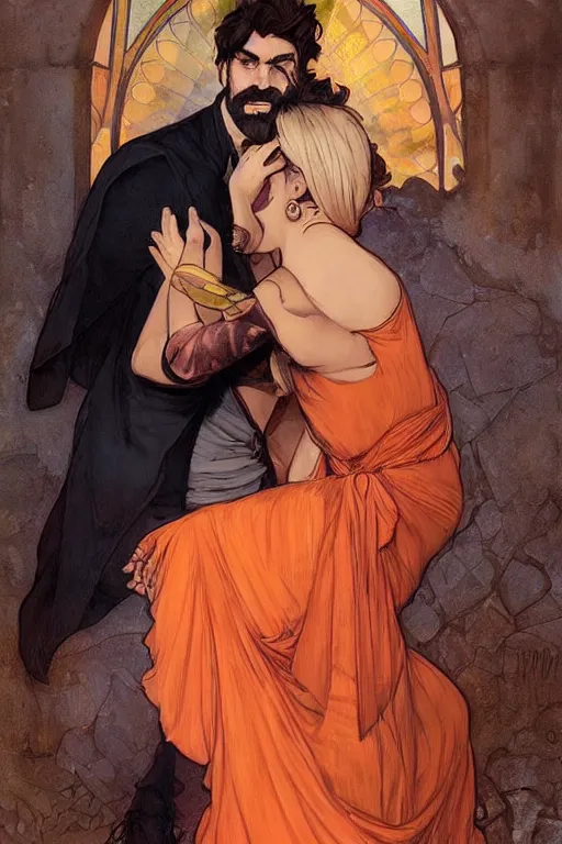 Image similar to bearded young man in orange t - shirt fastens beautiful black dress of his spouse before going to exquisite gala art by artgerm and greg rutkowski and charlie bowater and magali villeneuve and alphonse mucha