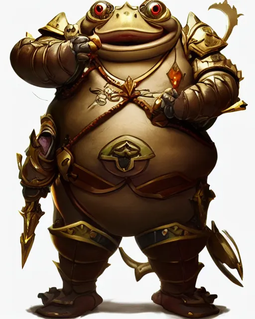 Image similar to a fat whimsical anthropomorphic toad wearing regal ornate armor, battle stand, smooth, intricate, elegant, power aura, digital painting, artstation, concept art, high tech fantasy, sharp focus, illustration, art by james jean and justin gerard, overwatch character