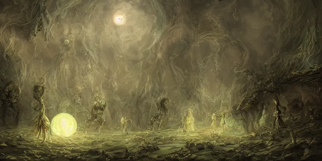 Image similar to concept art of translucent glowing fairies, lovecraftian, renaissance, melting, round moon, rich clouds, fighting the horrors of the unknown, very detailed, volumetric light, mist, fine art, decaying, textured oil over canvas, epic fantasy art, very colorful, ornate intricate scales