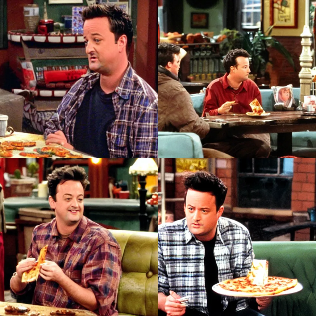 Prompt: friends tv show episode, young Matthew Perry alone eating pizza in central perk
