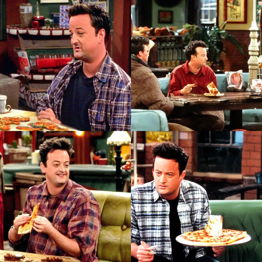 young Matthew Perry eating pizza, 'friends' tv show, Stable Diffusion