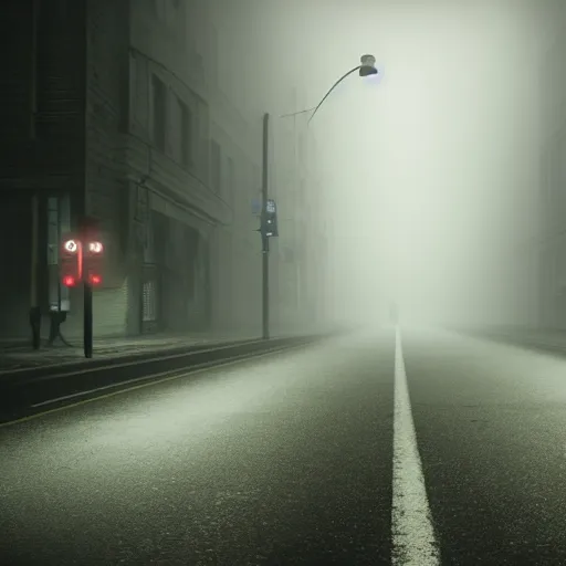 Image similar to ghost on a foggy night streer with neon streetlights like Silent Hill screenshot