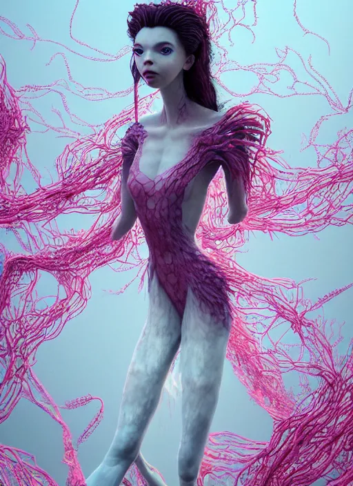 Image similar to hyper detailed 3d render like a Oil painting - very coherent Concrete displacement mapped profile (a beautiful fae princess protective playful expressive from dark crystal that looks like Anya Taylor-Joy) seen red carpet photoshoot in UVIVF posing in scaly dress to Eat of the Strangling network of yellowcake aerochrome and milky Fruit and His delicate Hands hold of gossamer polyp blossoms bring iridescent fungal flowers whose spores black the foolish stars by Jacek Yerka, Ilya Kuvshinov, Mariusz Lewandowski, Houdini algorithmic generative render, golen ratio, Abstract brush strokes, Masterpiece, Victor Nizovtsev and James Gilleard, Zdzislaw Beksinski, Tom Whalen, Mark Ryden, Wolfgang Lettl, hints of Yayoi Kasuma and Dr. Seuss, Grant Wood, octane render, 8k