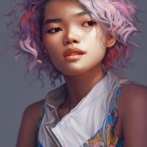 Image similar to portrait of a cute Thai girl with a messy curly hair, pastel hair, streetwear fashion, highly detailed, digital painting, artstation, concept art, sharp focus, illustration, art by artgerm and greg rutkowski and alphonse mucha