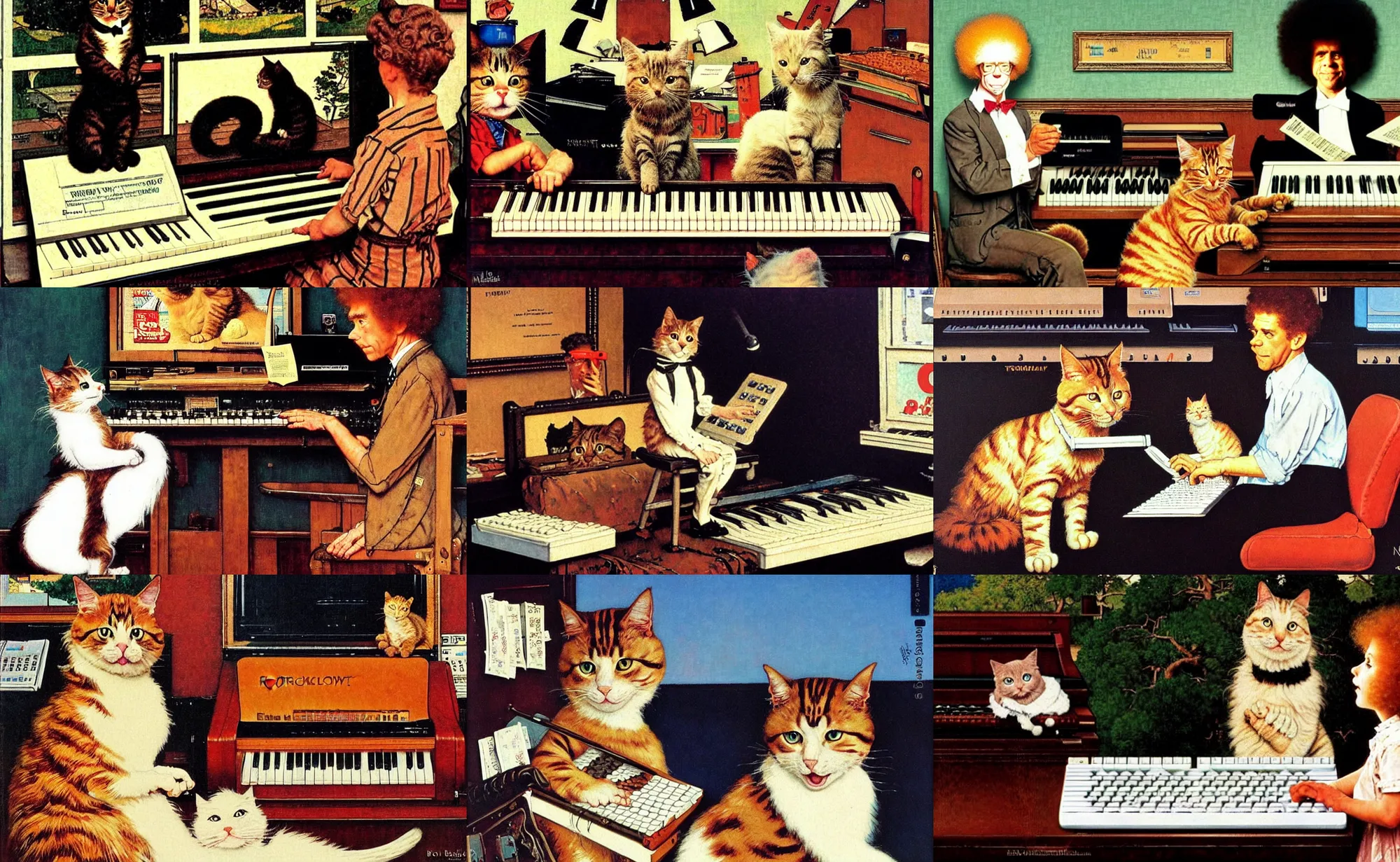 Prompt: Keyboard cat on tour, Norman Rockwell with backdrop by Bob Ross