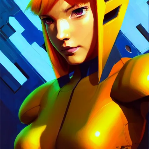 Image similar to portrait of Zero Suit Samus, medium shot, asymmetrical, profile picture, Organic Painting, sunny day, Matte Painting, bold shapes, hard edges, street art, trending on artstation, by Greg Manchess and Huang Guangjian and Loish and Gil Elvgren and Sachin Teng