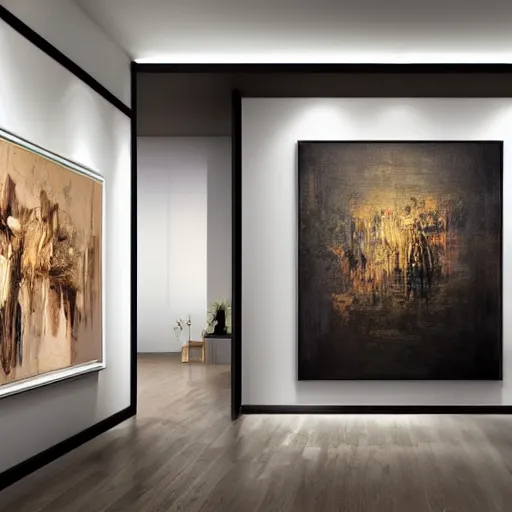 Image similar to mockup photo of luxury contemporary interior with large contemporary paintings for rich collectors, trending on pinterest, sharp hdr cinematic lighting 8 k