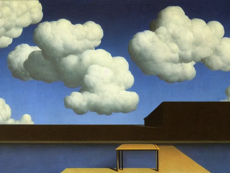 Image similar to room with clouds wallpaper, painting by rene magritte, centered, high detail, high resolution