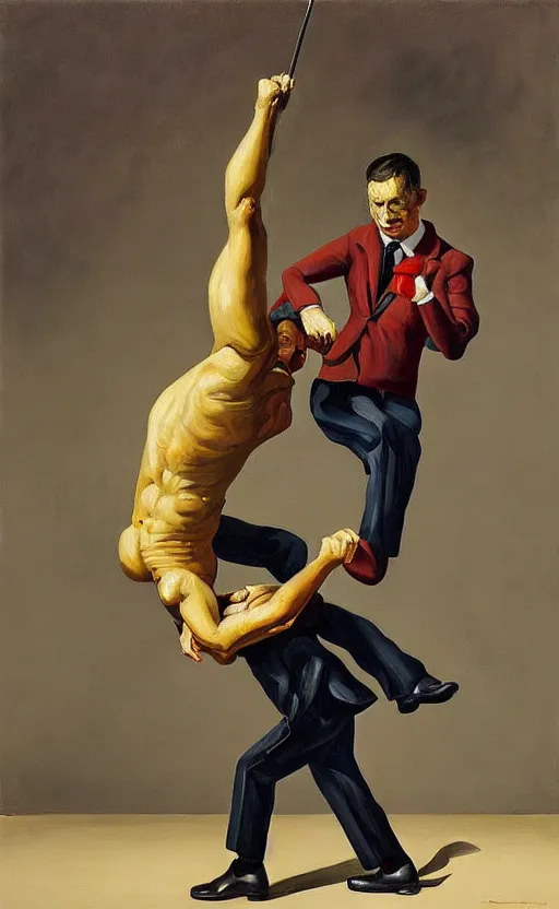 Prompt: Oil painting of two man in a business suit fighting each other by Lucian Freud, Abstract brush strokes, Masterpiece, Edward Hopper and James Gilleard, Zdzislaw Beksinski, Mark Ryden, Wolfgang Lettl highly detailed, hints of Yayoi Kasuma