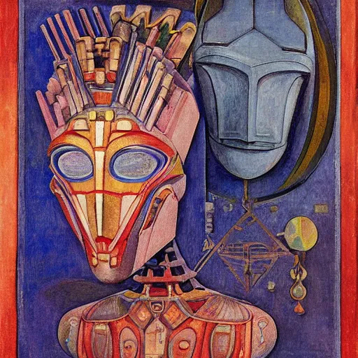 Image similar to the robot in her intricate mechanical mask, by annie swynnerton and diego rivera and kit williams and leo and diane dillon and nicholas roerich, symbolist, dramatic lighting, elaborate geometric ornament, art brut, god rays, soft cool colors, smooth, sharp focus, extremely detailed, adolf wolfli