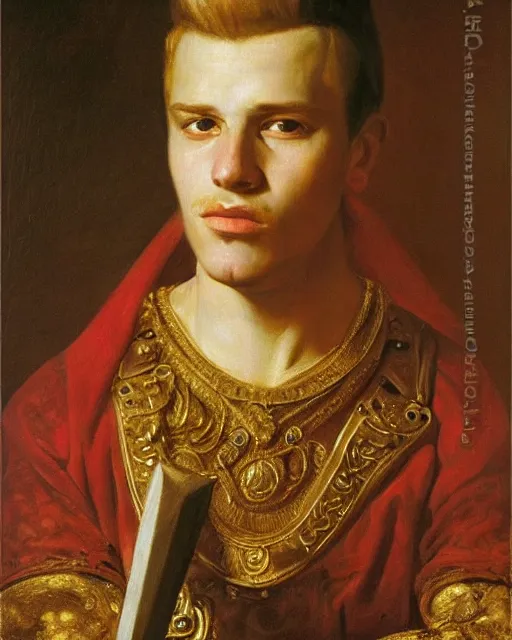 Prompt: realist portrait of a nobleman with a dagger by andrey shishkin, oil on canvas