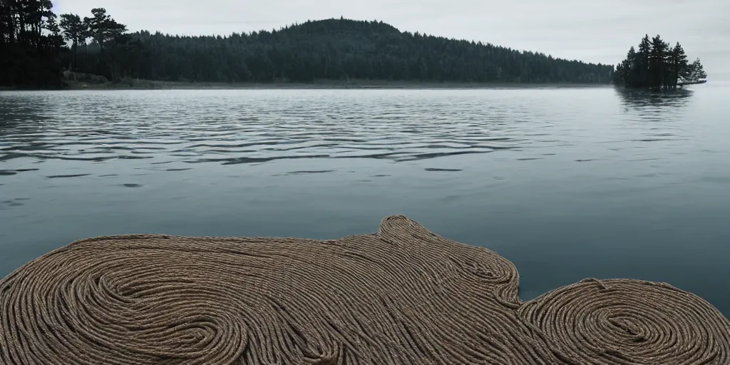Prompt: centered photograph of a long thick rope zig zagging and snaking across the surface of the water into the distance, floating submerged rope stretching out towards the center of the lake, a dark lake on a cloudy day, color film, trees in the background and a pebble beach shore in foreground,, hyper - detailed photo, anamorphic lens