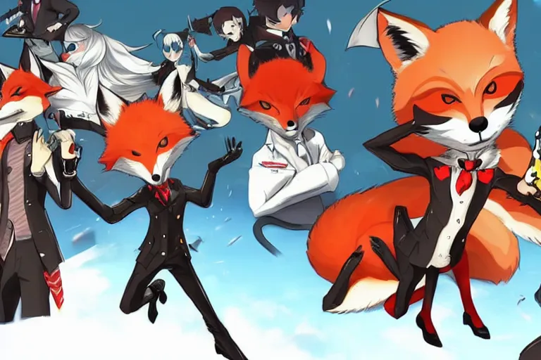 Image similar to a furry tan male fox on a persona 5 : royal ( by atlus ) video game splash screen, a furry male sandcolored tan fox fursona ( has hair ), persona 5 phantom thief style