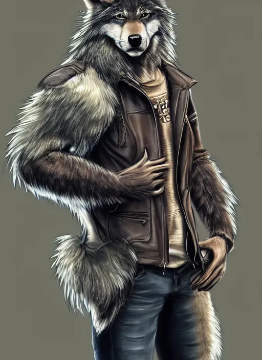 Image similar to award winning beautiful portrait commission of a male furry anthro wolf fursona with a bushy tail and a leather jacket, cute, beautiful, attractive, detailed,