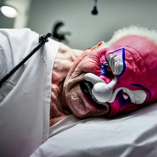 Image similar to insane elderly clown supine in hospital bed, strapped into bed with restraints, trying to get out but unsuccessful, photograph, 8 k