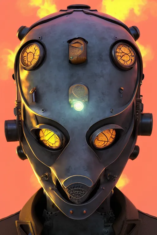 Image similar to steampunk mask minimalist fantasy art robot ninja helmet, global illumination ray tracing hdr fanart arstation by sung choi and eric pfeiffer and gabriel garza and casper konefal radiating a glowing aura