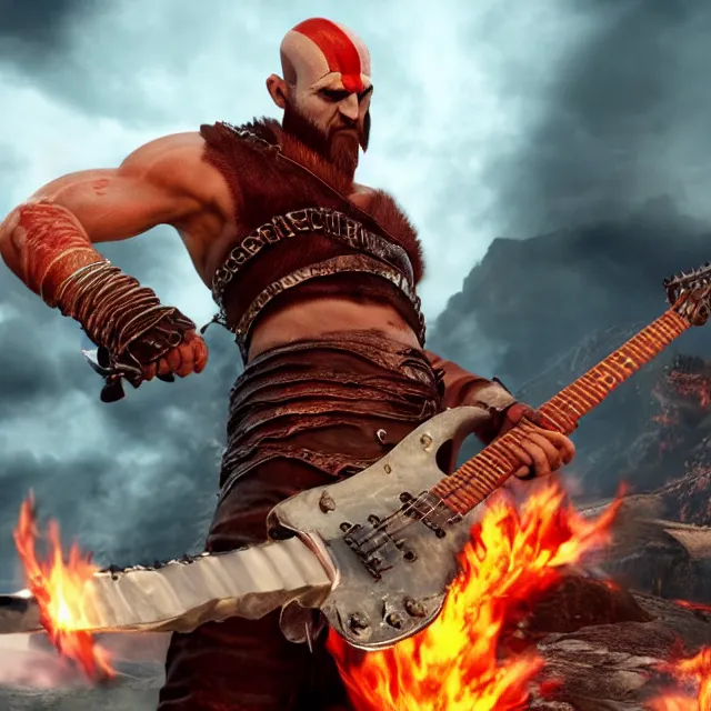 Prompt: sunglasses wearing kratos shredding on a flaming stratocaster guitar, cinematic render, god of war 2 0 1 8, santa monica studio official media, sunglasses, lightning