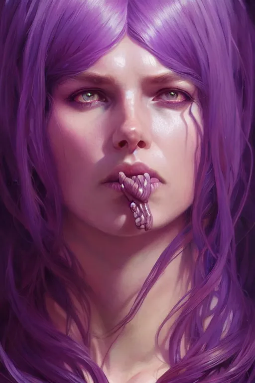 Prompt: giant purple worm, fantasy, amber eyes, face, long hair, intricate, elegant, highly detailed, digital painting, artstation, concept art, smooth, sharp focus, illustration, art by artgerm and greg rutkowski and alphonse mucha
