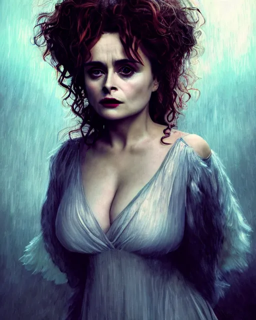 Prompt: Fullbody potrait of Helena Bonham Carter as an angel, hyper realistic, prismatic highlights, atmosphere, gorgeous, depth of field, cinematic, macro, concept art, 50mm, artstation, wlop, elegant, epic, weta digital, focus, octane render, v-ray, 8k, kodak portra, art by Liberatore