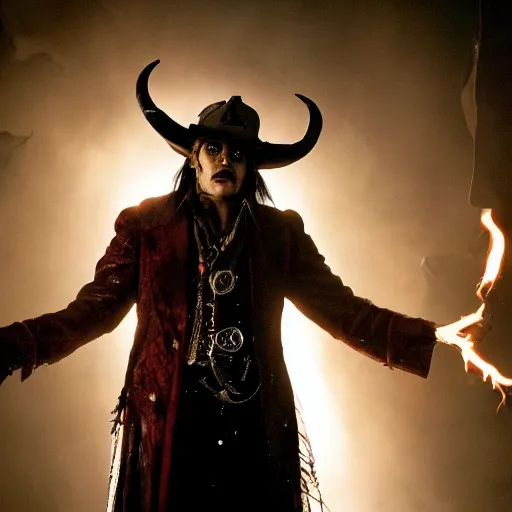 Prompt: stunning awe inspiring johnny depp as the devil, movie still 8 k hdr atmospheric lighting